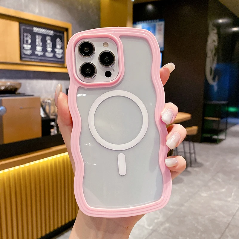 2 in 1 Wavy Frame Phone Case For iPhone 15 Pro Max 17 Air 16 14 13 11 12 Magnetic Wireless Charge Shockproof Back Cover