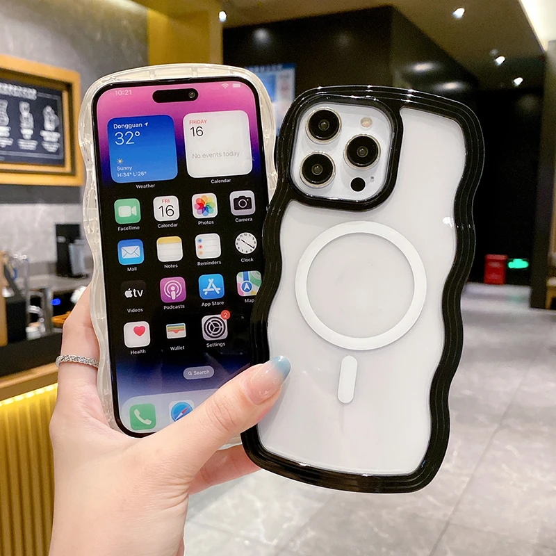2 in 1 Wavy Frame Phone Case For iPhone 15 Pro Max 17 Air 16 14 13 11 12 Magnetic Wireless Charge Shockproof Back Cover