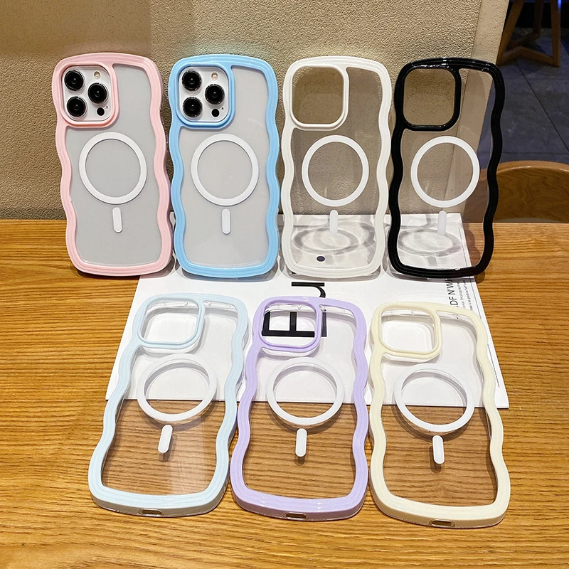 2 in 1 Wavy Frame Phone Case For iPhone 15 Pro Max 17 Air 16 14 13 11 12 Magnetic Wireless Charge Shockproof Back Cover