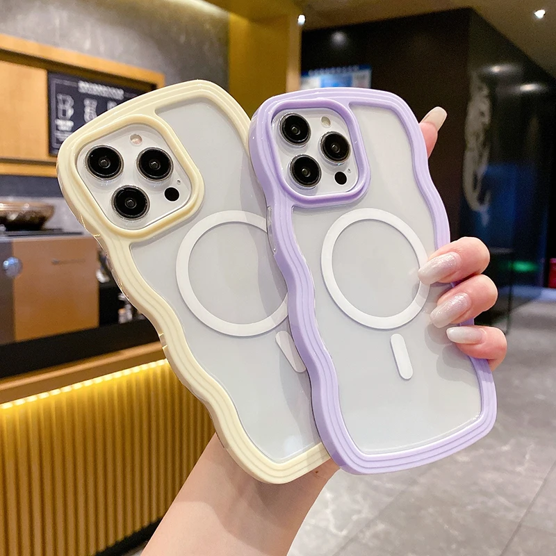 2 in 1 Wavy Frame Phone Case For iPhone 15 Pro Max 17 Air 16 14 13 11 12 Magnetic Wireless Charge Shockproof Back Cover