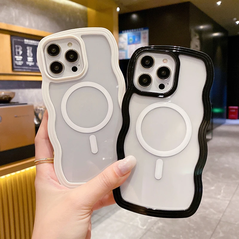 2 in 1 Wavy Frame Phone Case For iPhone 15 Pro Max 17 Air 16 14 13 11 12 Magnetic Wireless Charge Shockproof Back Cover