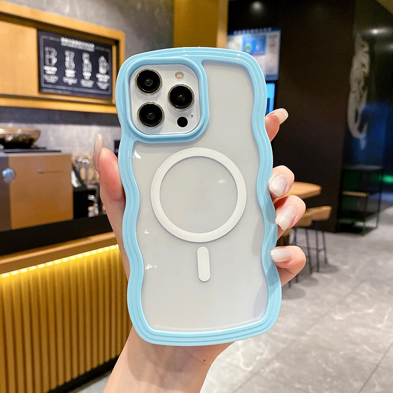 2 in 1 Wavy Frame Phone Case For iPhone 15 Pro Max 17 Air 16 14 13 11 12 Magnetic Wireless Charge Shockproof Back Cover