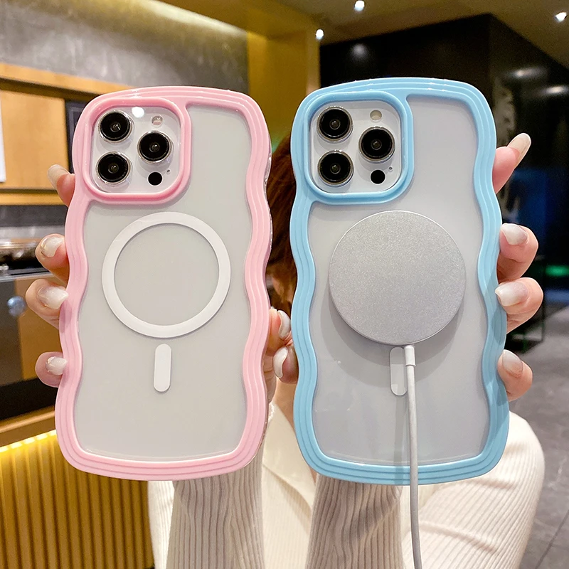 2 in 1 Wavy Frame Phone Case For iPhone 15 Pro Max 17 Air 16 14 13 11 12 Magnetic Wireless Charge Shockproof Back Cover