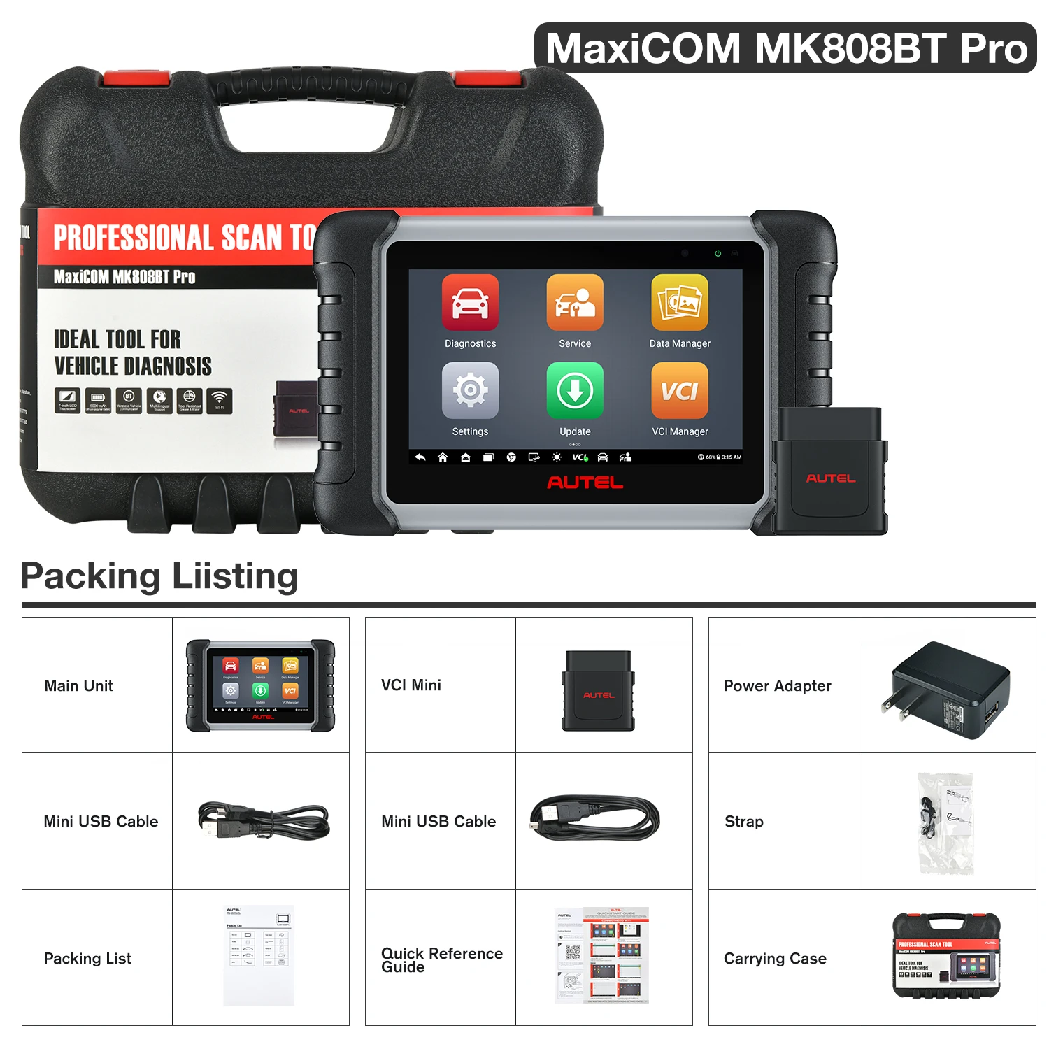 Autel MaxiCOM MK808BT PRO OBD2 Scanner Automotivo Car Diagnostic Scan Tool OBD 2 Code Reader Key Coding Active Test PK MK808S | V2.0 Bidirectional Diagnostic Tool 3000+ Active Test 28+ Reset Functions Injector Coding All Systems Scan FCA SGW OS 11