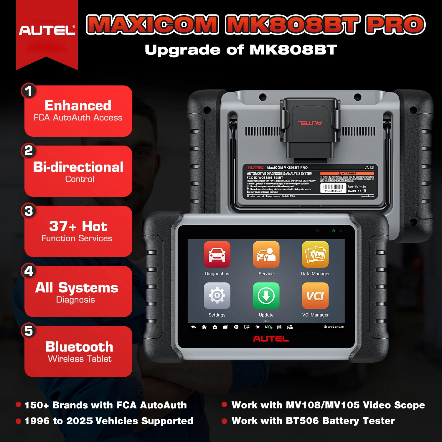Autel MaxiCOM MK808BT PRO OBD2 Scanner Automotivo Car Diagnostic Scan Tool OBD 2 Code Reader Key Coding Active Test PK MK808S | V2.0 Bidirectional Diagnostic Tool 3000+ Active Test 28+ Reset Functions Injector Coding All Systems Scan FCA SGW OS 11