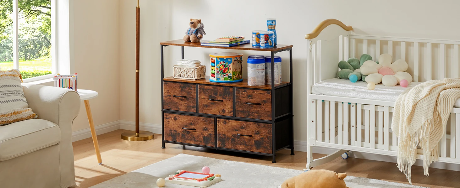 JHK Fireplace TV Stand Dresser For Bedroom With 5 Fabric Drawers Storage Closet Chest Clothes Storage Display Cabinet Furniture
