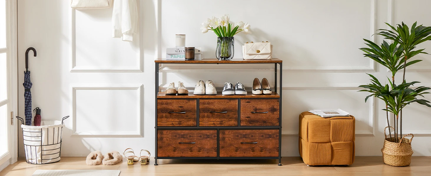 JHK Fireplace TV Stand Dresser For Bedroom With 5 Fabric Drawers Storage Closet Chest Clothes Storage Display Cabinet Furniture