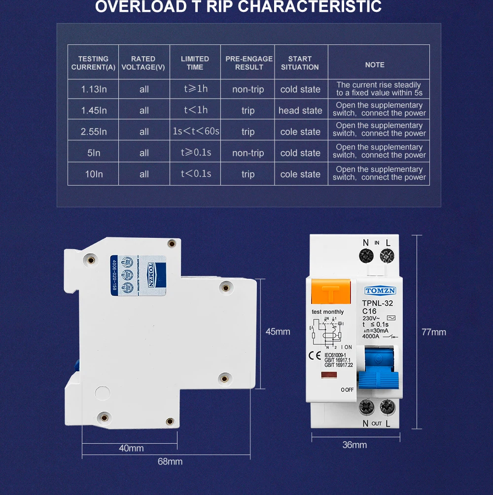 TOMZN TPNL DPNL 230V 1P+N Residual Current Circuit Breaker With Over And Short Current Leakage Protection RCBO MCB