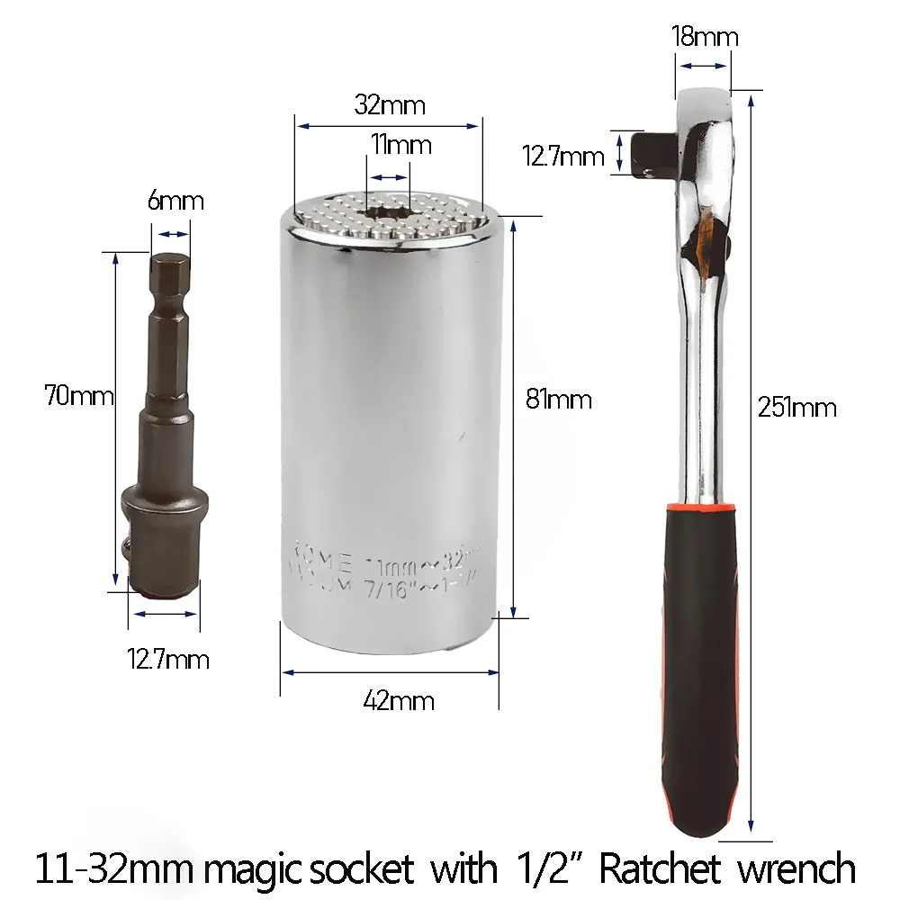 Onnfang 7-19/11-32mm Universal Ratchet Wrench Universal Socket Head, Household Socket Power/Hand Tool Wrench