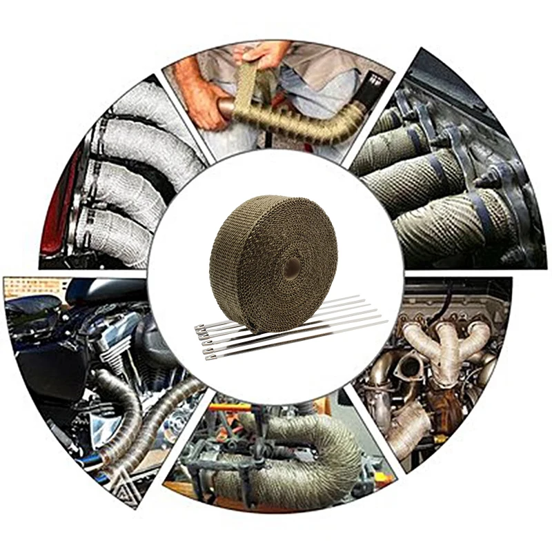 Motorcycle Muffler Thermal Tape Exhaust Band Heat Wrap Fiberglass Heat Shield Insulation With Stainless Ties 5CM*5M Termotape