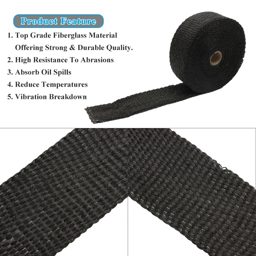 Motorcycle Muffler Thermal Tape Exhaust Band Heat Wrap Fiberglass Heat Shield Insulation With Stainless Ties 5CM*5M Termotape