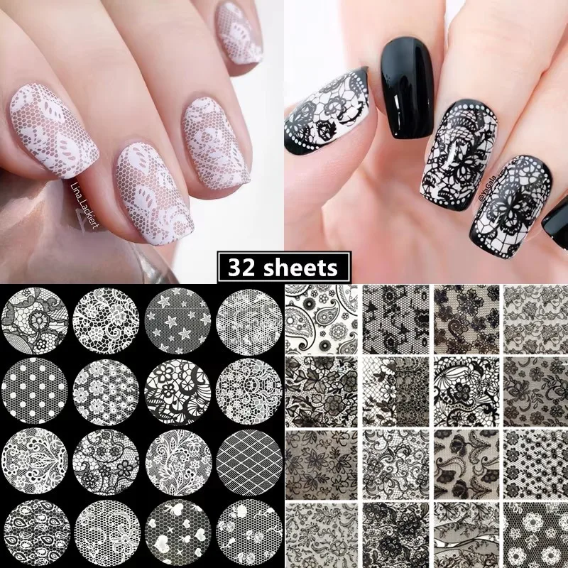 Black White Lace Rose Nails Foil Stickers Black Flowers Design Manicure Nail Art Transfer Paper Nails Art Decals