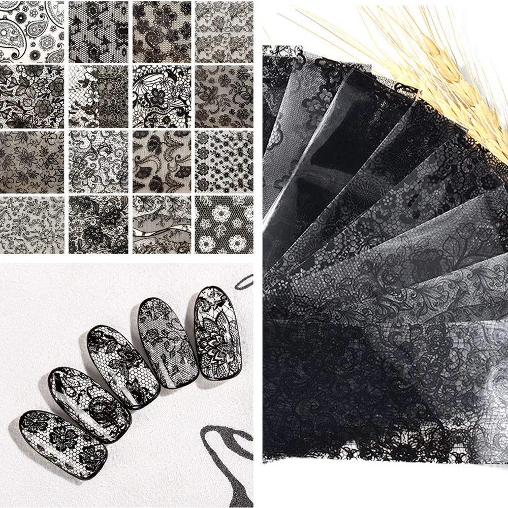 Black White Lace Rose Nails Foil Stickers Black Flowers Design Manicure Nail Art Transfer Paper Nails Art Decals