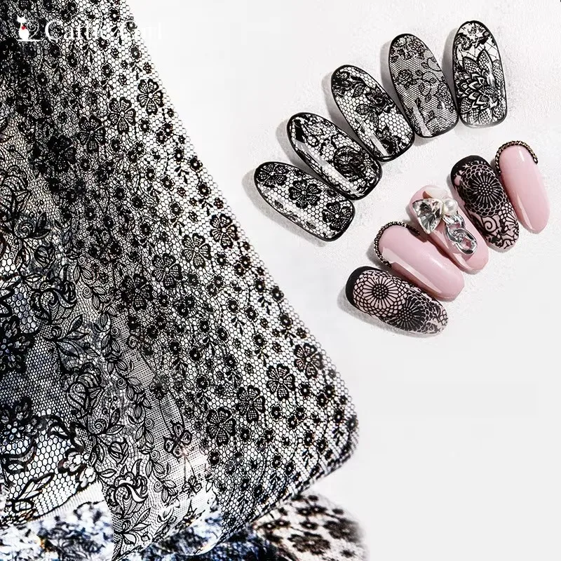 Black White Lace Rose Nails Foil Stickers Black Flowers Design Manicure Nail Art Transfer Paper Nails Art Decals