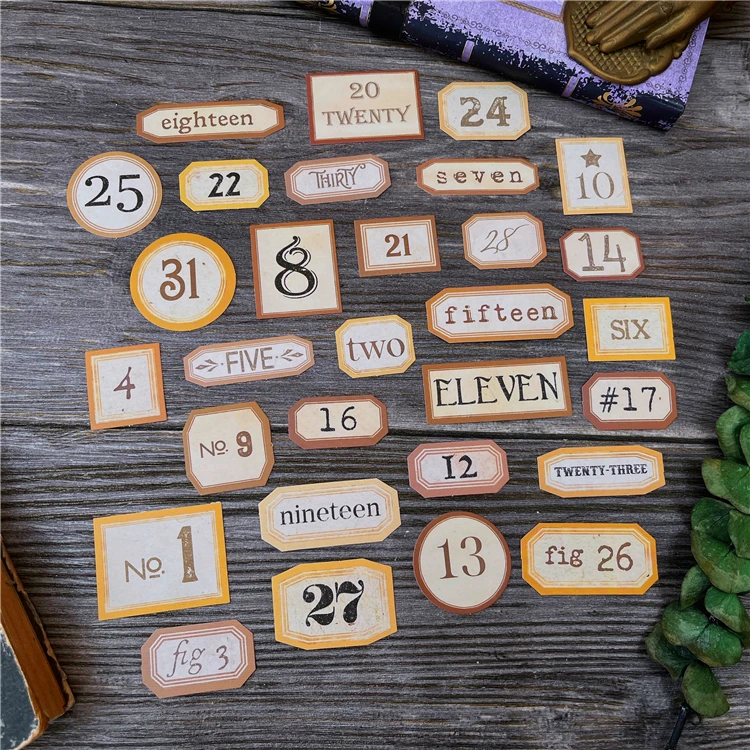 31Pcs Tim Holtz Style Number Junk Journal Label Vintage Stickers Retro DIY Album Planner Scrapbooking Material Craft Stickers