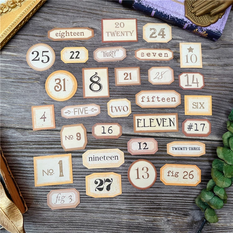 31Pcs Tim Holtz Style Number Junk Journal Label Vintage Stickers Retro DIY Album Planner Scrapbooking Material Craft Stickers