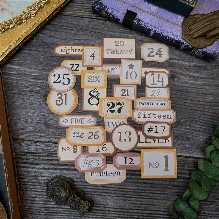 31Pcs Tim Holtz Style Number Junk Journal Label Vintage Stickers Retro DIY Album Planner Scrapbooking Material Craft Stickers