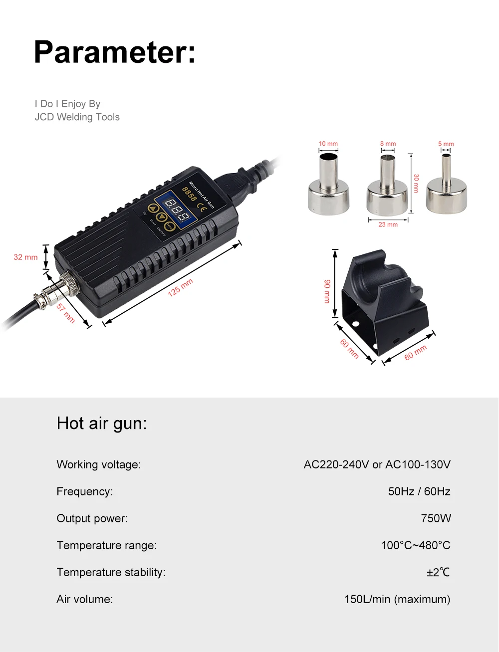 JCD 750W Heat Gun Digital Display Micro Rework Soldering Station Hot Air Gun For Welding Repair Tool Hair Dryer 8858