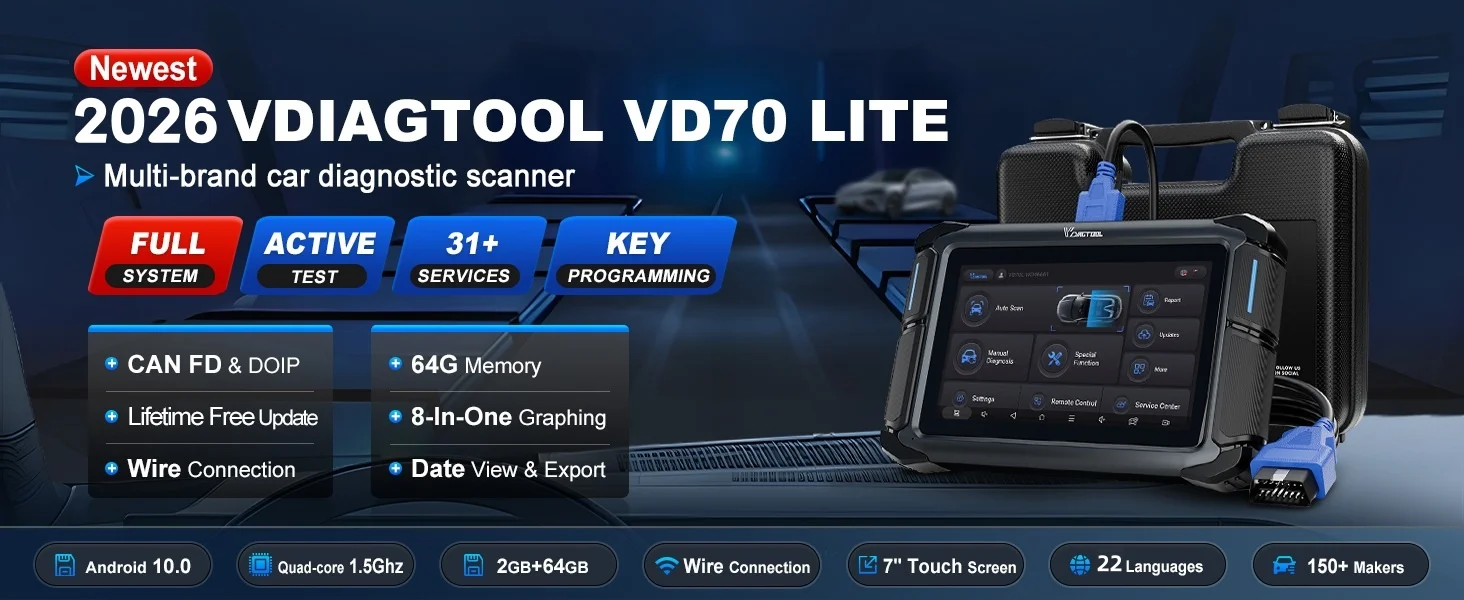 VDIAGTOOL VD70 Lite OBD2 Automotive Scanner Bi-Directional Car Diagnostic Key Tool Programmer with 31+Reset DOIP Free Updates