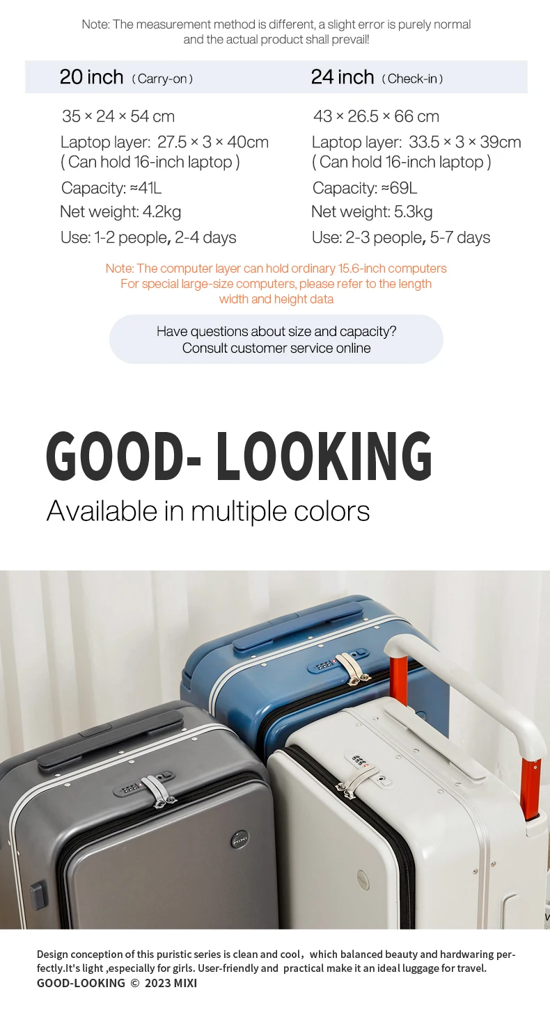 Mixi 2026 New Design Wide Handle Suitcase Men Carry-On Luggage Women Travel Trolley Case 20 Inch Cabin PC Aluminum Frame M9275