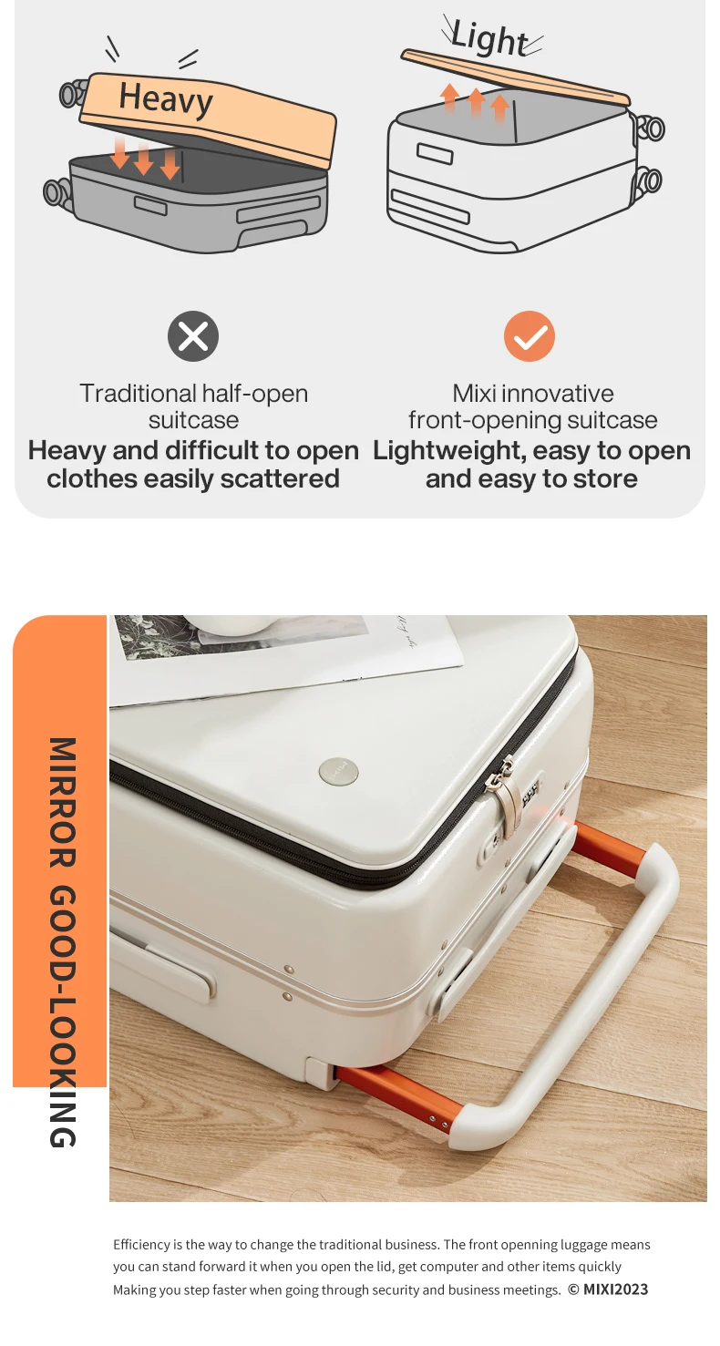 Mixi 2026 New Design Wide Handle Suitcase Men Carry-On Luggage Women Travel Trolley Case 20 Inch Cabin PC Aluminum Frame M9275