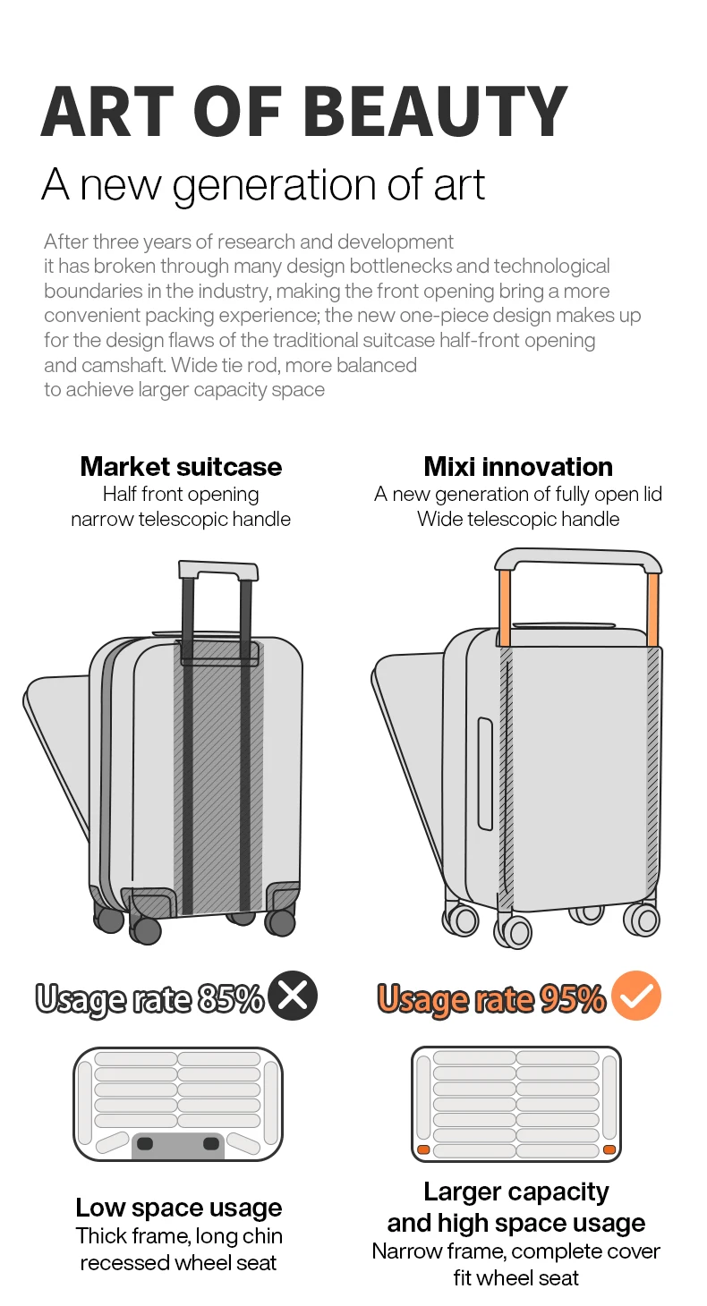 Mixi 2026 New Design Wide Handle Suitcase Men Carry-On Luggage Women Travel Trolley Case 20 Inch Cabin PC Aluminum Frame M9275