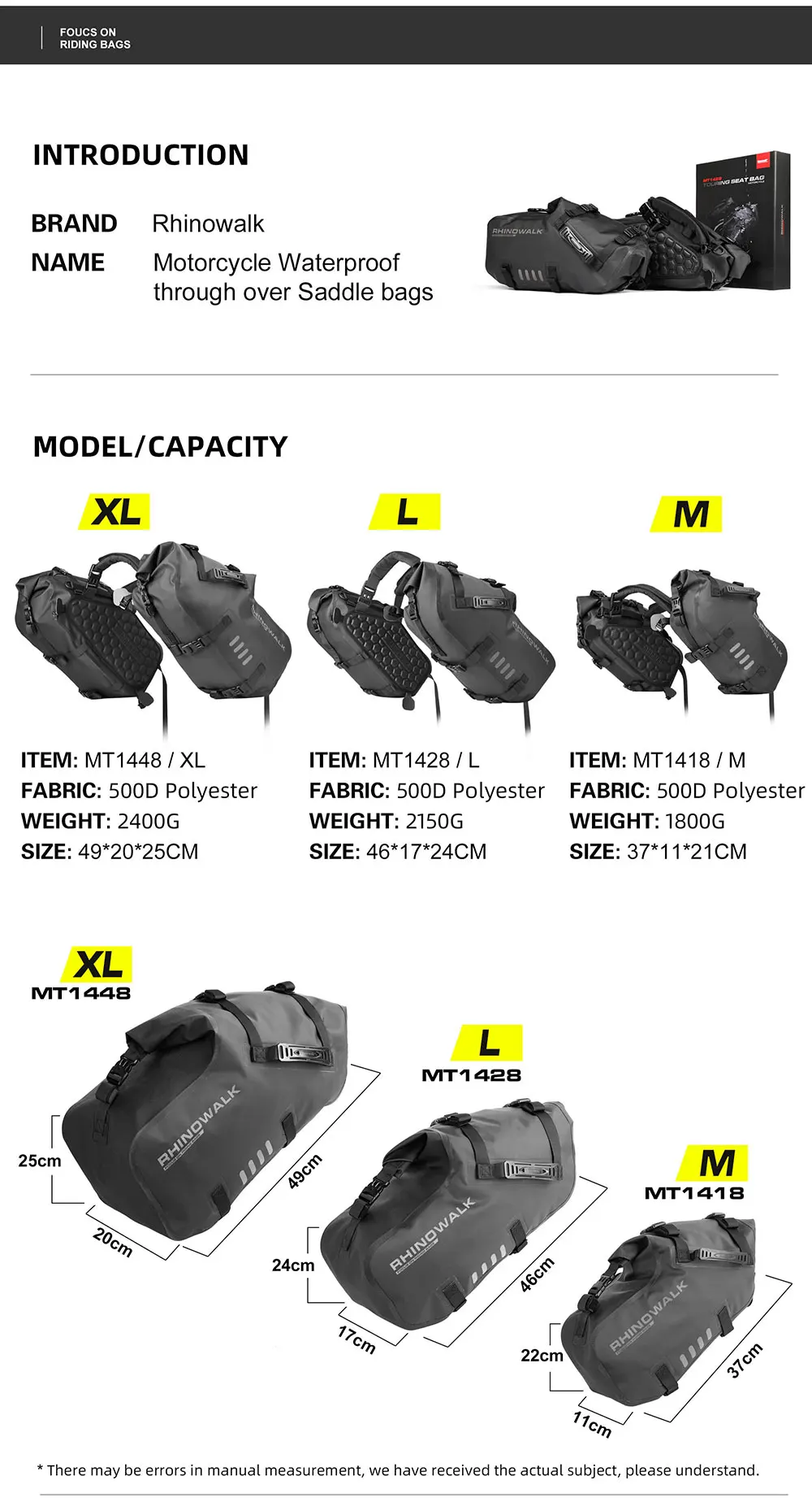 Rhinowalk Motorcycle Bag 100%Waterproof 18L/28L/48L Large Capacity 2 Pcs Universal Fit Motorcycle Pannier Bag Saddle Side Bags