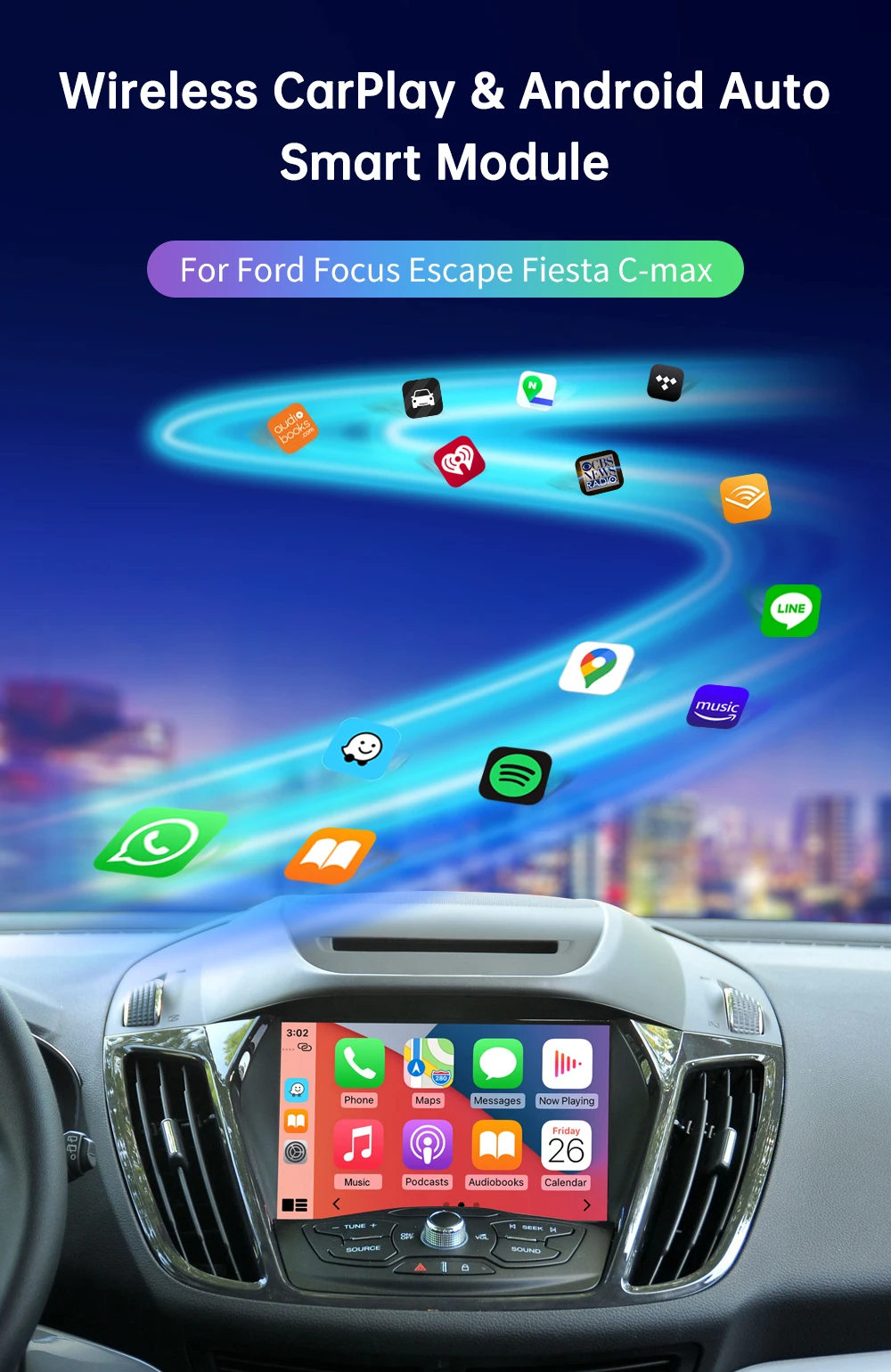 Wireless CarPlay for Ford Focus Escape Fiesta C-max Android Auto Interface Mirror Link AirPlay GPS Rear Camera View Car Player