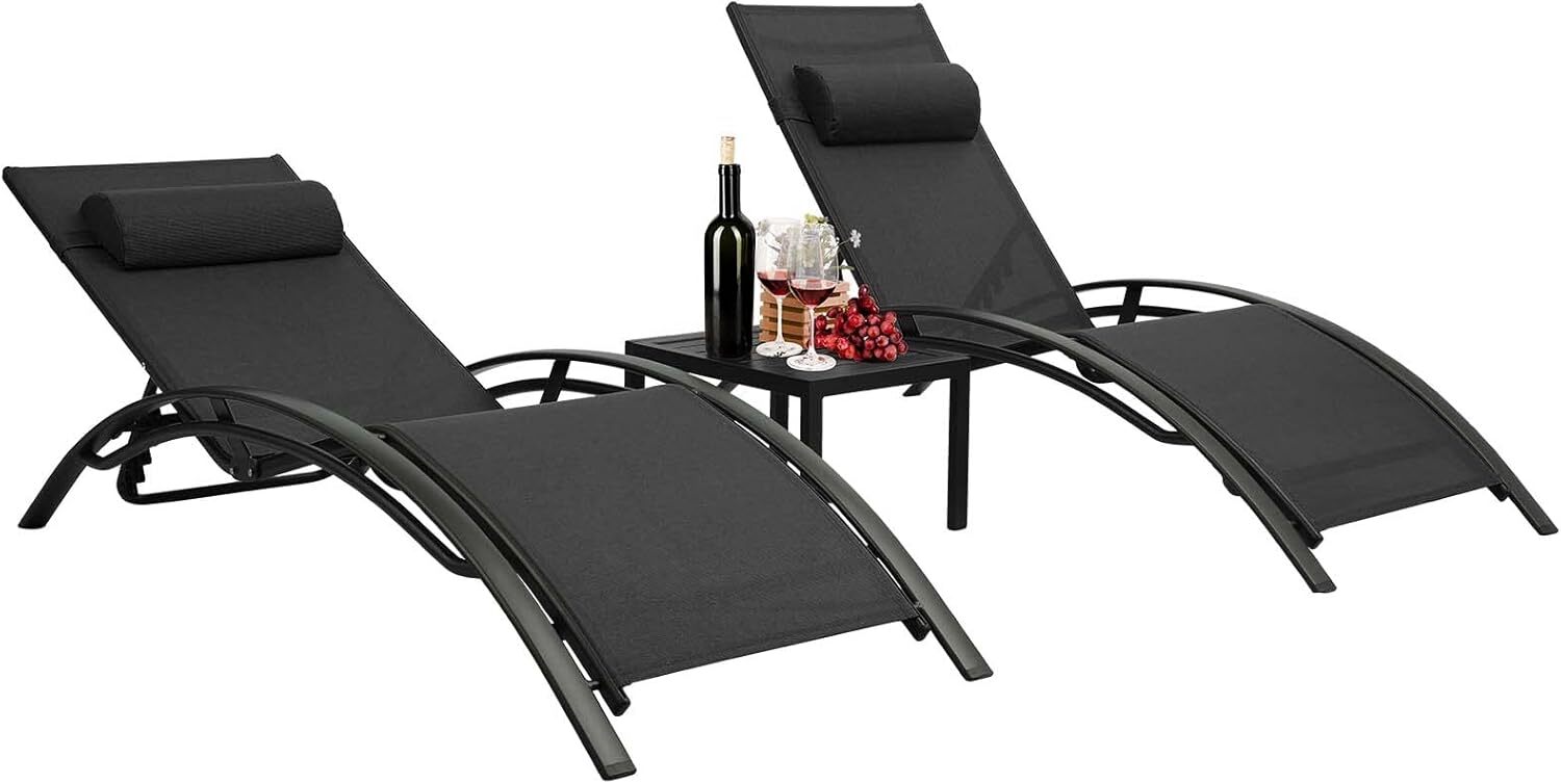 Aluminum Lounge Chair for Outside with 5 Adjustable Positions+Table 3Pcs Chaise Outdoor for Pool, Garden,Beach,Camping,Backyard