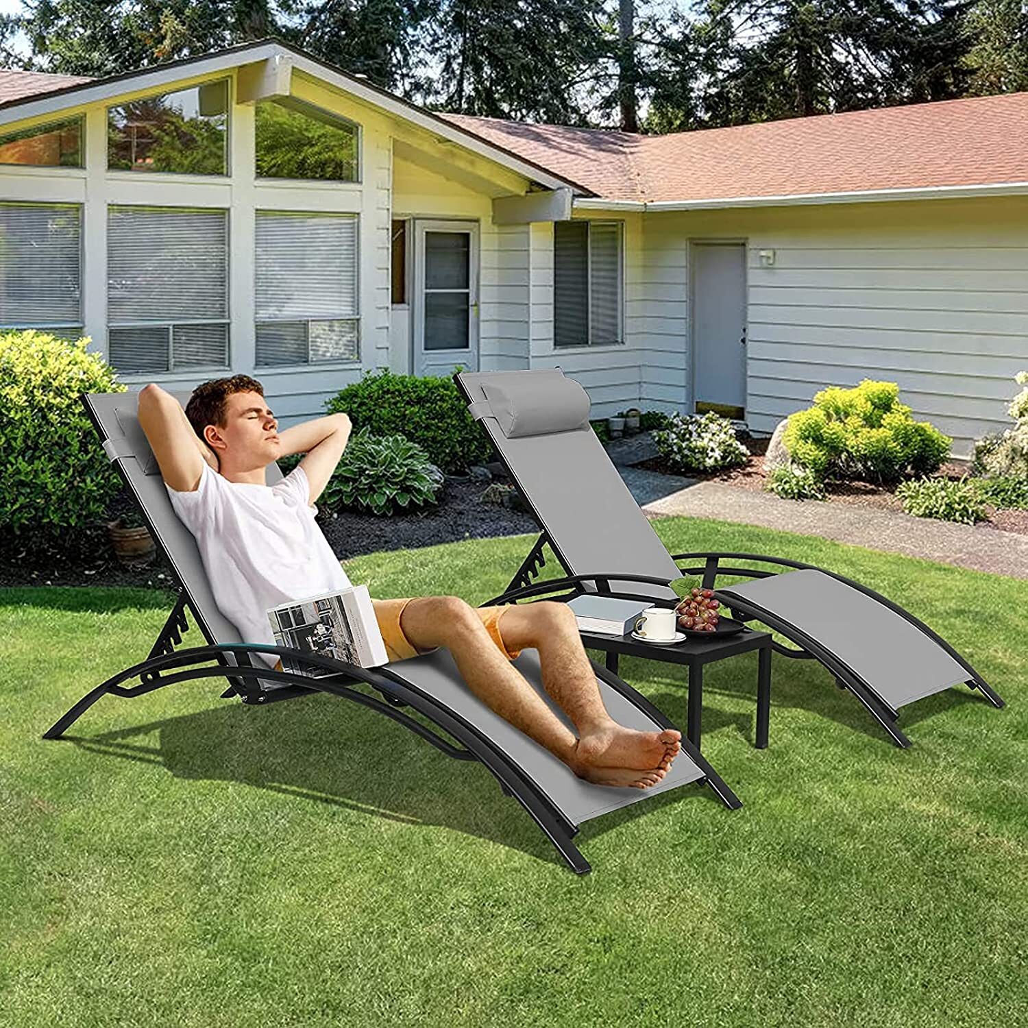 Aluminum Lounge Chair for Outside with 5 Adjustable Positions+Table 3Pcs Chaise Outdoor for Pool, Garden,Beach,Camping,Backyard