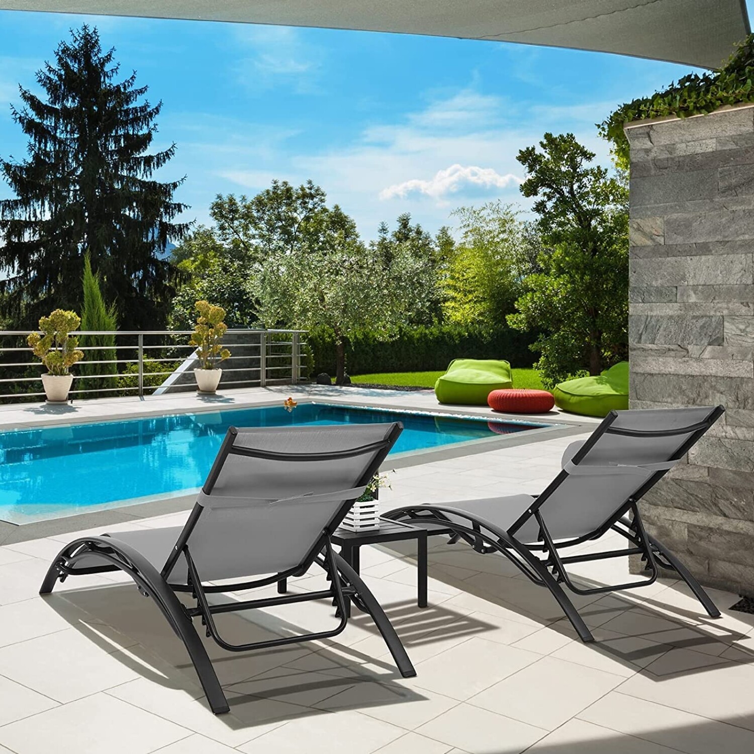 Aluminum Lounge Chair for Outside with 5 Adjustable Positions+Table 3Pcs Chaise Outdoor for Pool, Garden,Beach,Camping,Backyard