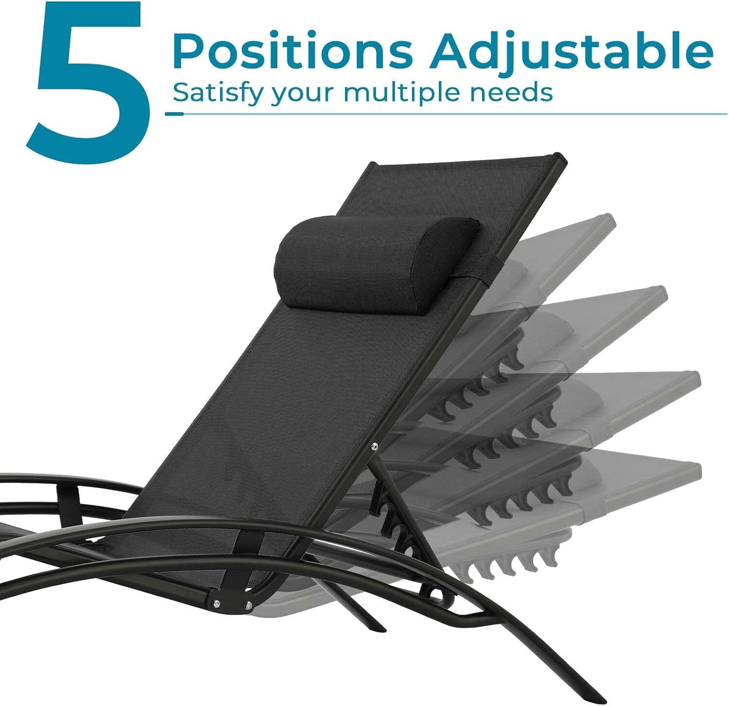 3Pcs Sun Lounger Recliner Set Aluminum Chaise Lounges,Table,Reclining Chair with 5 Adjustable Backrest, Head Cushion,4 Colour