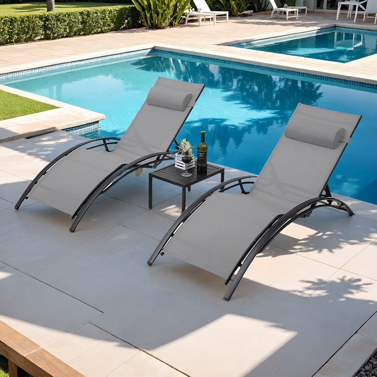 3Pcs Sun Lounger Recliner Set Aluminum Chaise Lounges,Table,Reclining Chair with 5 Adjustable Backrest, Head Cushion,4 Colour