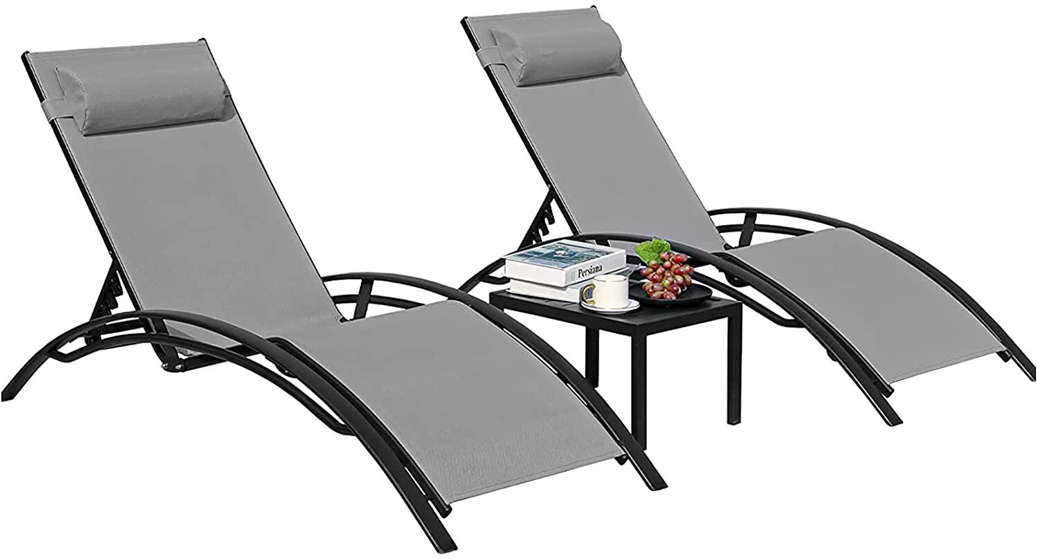 3Pcs Sun Lounger Recliner Set Aluminum Chaise Lounges,Table,Reclining Chair with 5 Adjustable Backrest, Head Cushion,4 Colour
