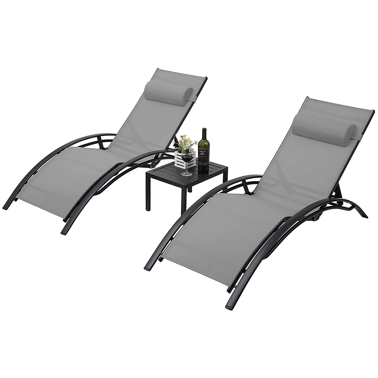 3Pcs Sun Lounger Recliner Set Aluminum Chaise Lounges,Table,Reclining Chair with 5 Adjustable Backrest, Head Cushion,4 Colour