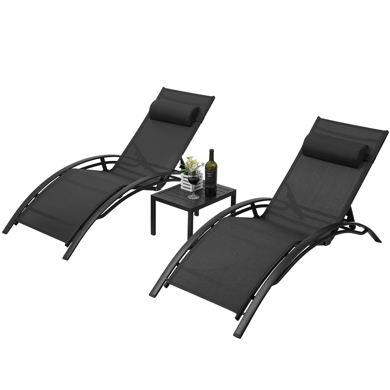 3Pcs Sun Lounger Recliner Set Aluminum Chaise Lounges,Table,Reclining Chair with 5 Adjustable Backrest, Head Cushion,4 Colour