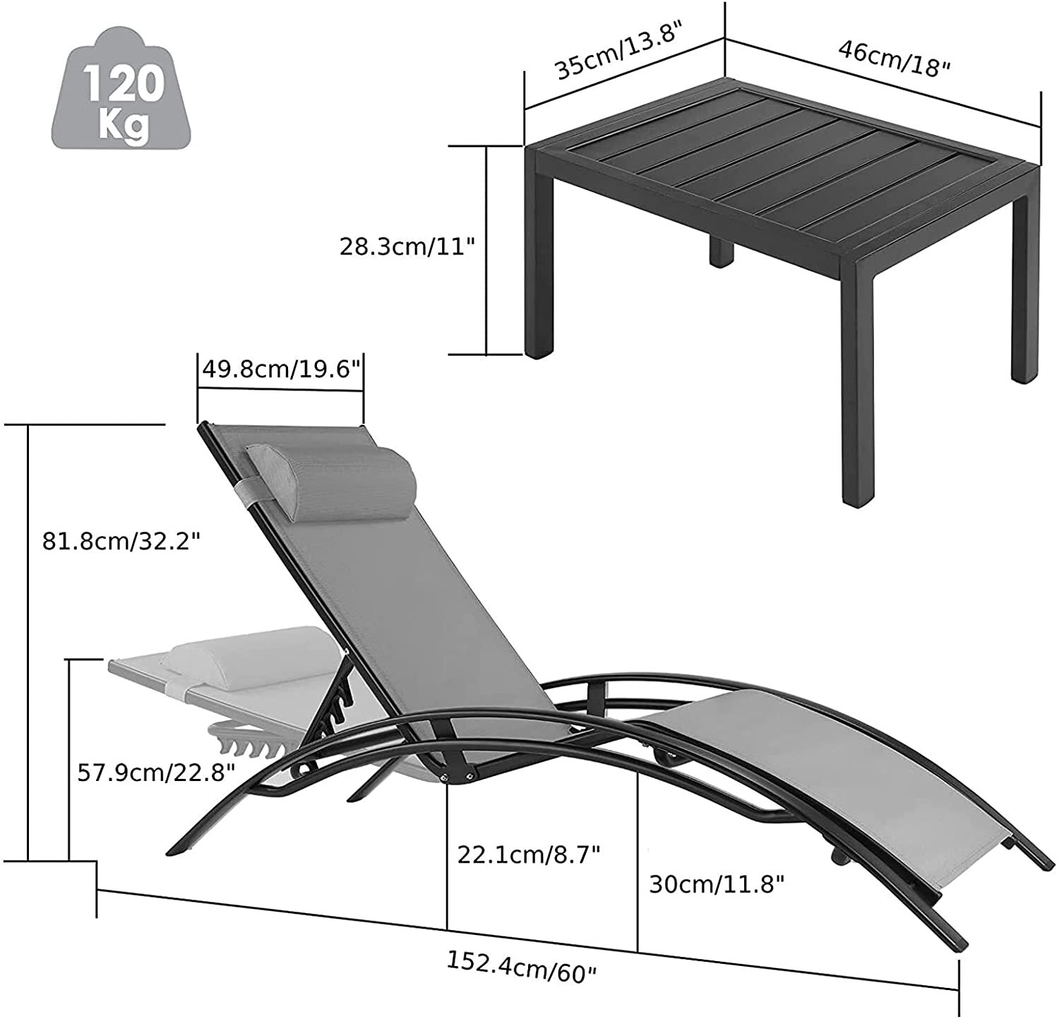3Pcs Sun Lounger Recliner Set Aluminum Chaise Lounges,Table,Reclining Chair with 5 Adjustable Backrest, Head Cushion,4 Colour