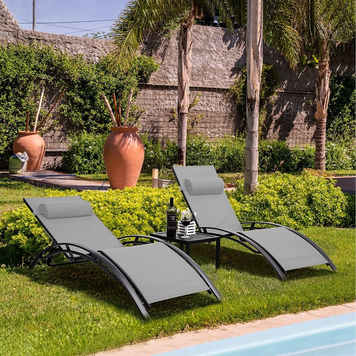 3Pcs Sun Lounger Recliner Set Aluminum Chaise Lounges,Table,Reclining Chair with 5 Adjustable Backrest, Head Cushion,4 Colour