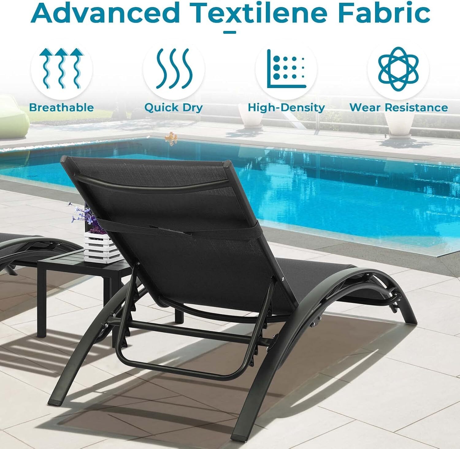3Pcs Sun Lounger Recliner Set Aluminum Chaise Lounges,Table,Reclining Chair with 5 Adjustable Backrest, Head Cushion,4 Colour