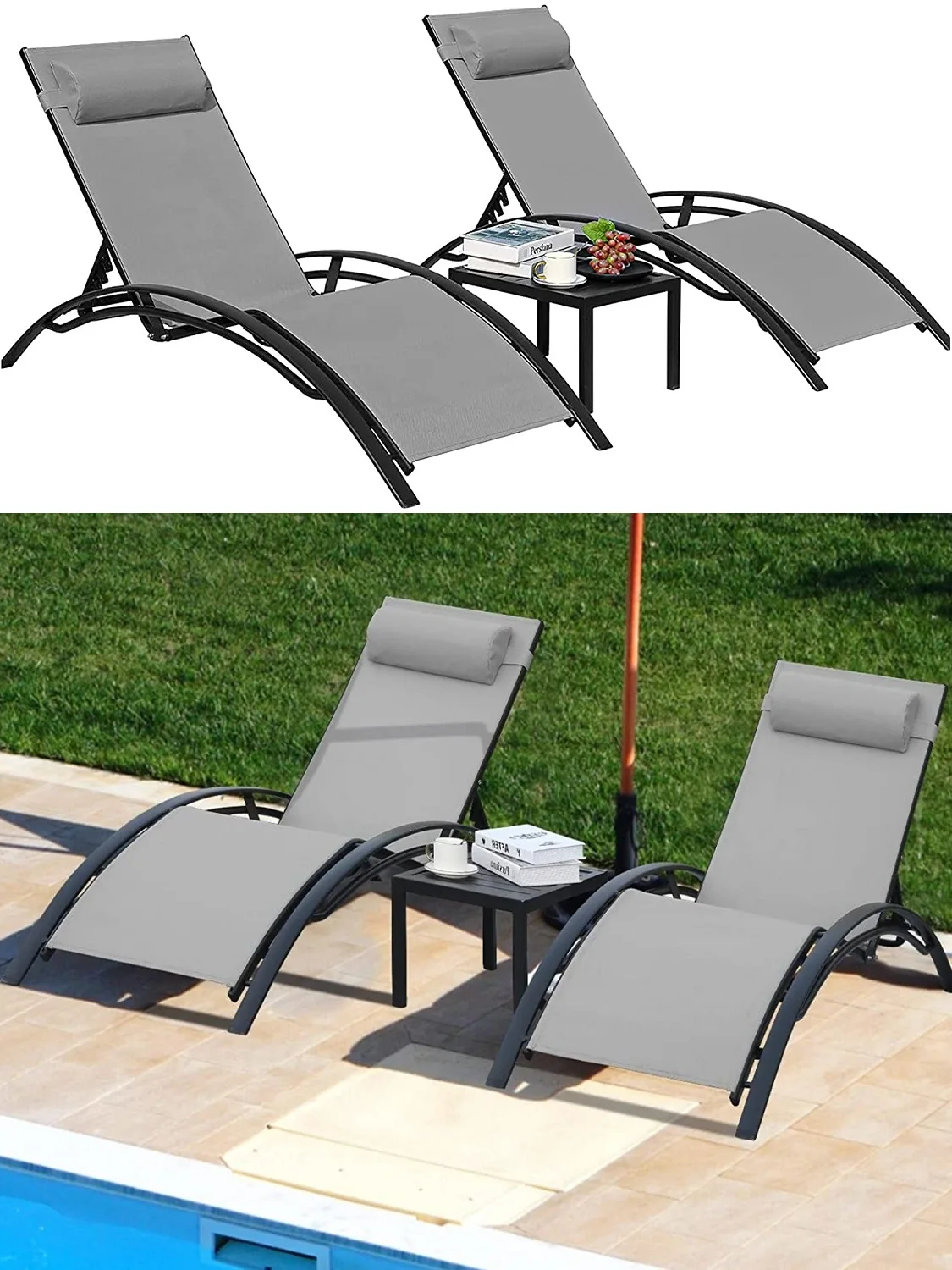 3Pcs Sun Lounger Recliner Set Aluminum Chaise Lounges,Table,Reclining Chair with 5 Adjustable Backrest, Head Cushion,4 Colour