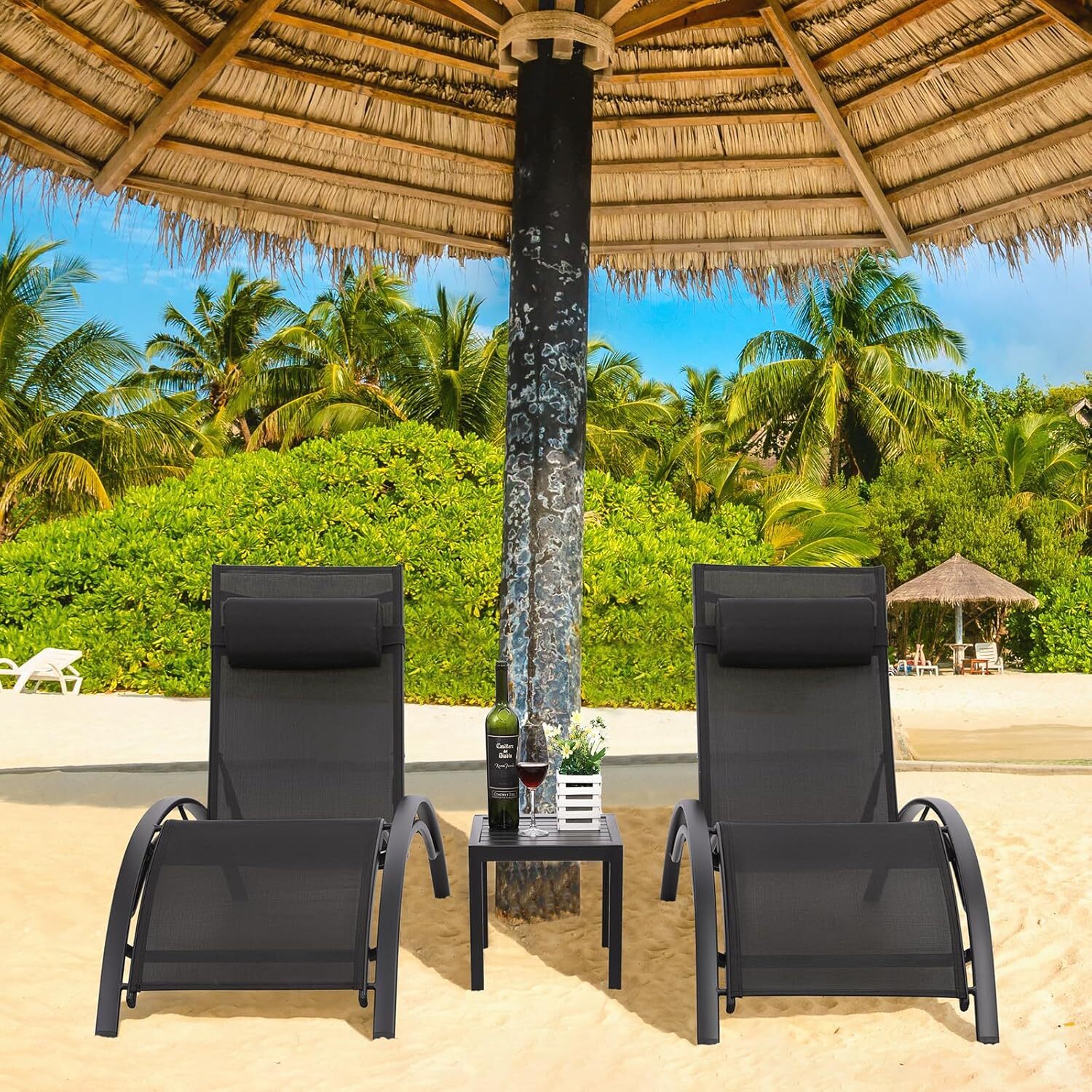 3Pcs Sun Lounger Recliner Set Aluminum Chaise Lounges,Table,Reclining Chair with 5 Adjustable Backrest, Head Cushion,4 Colour