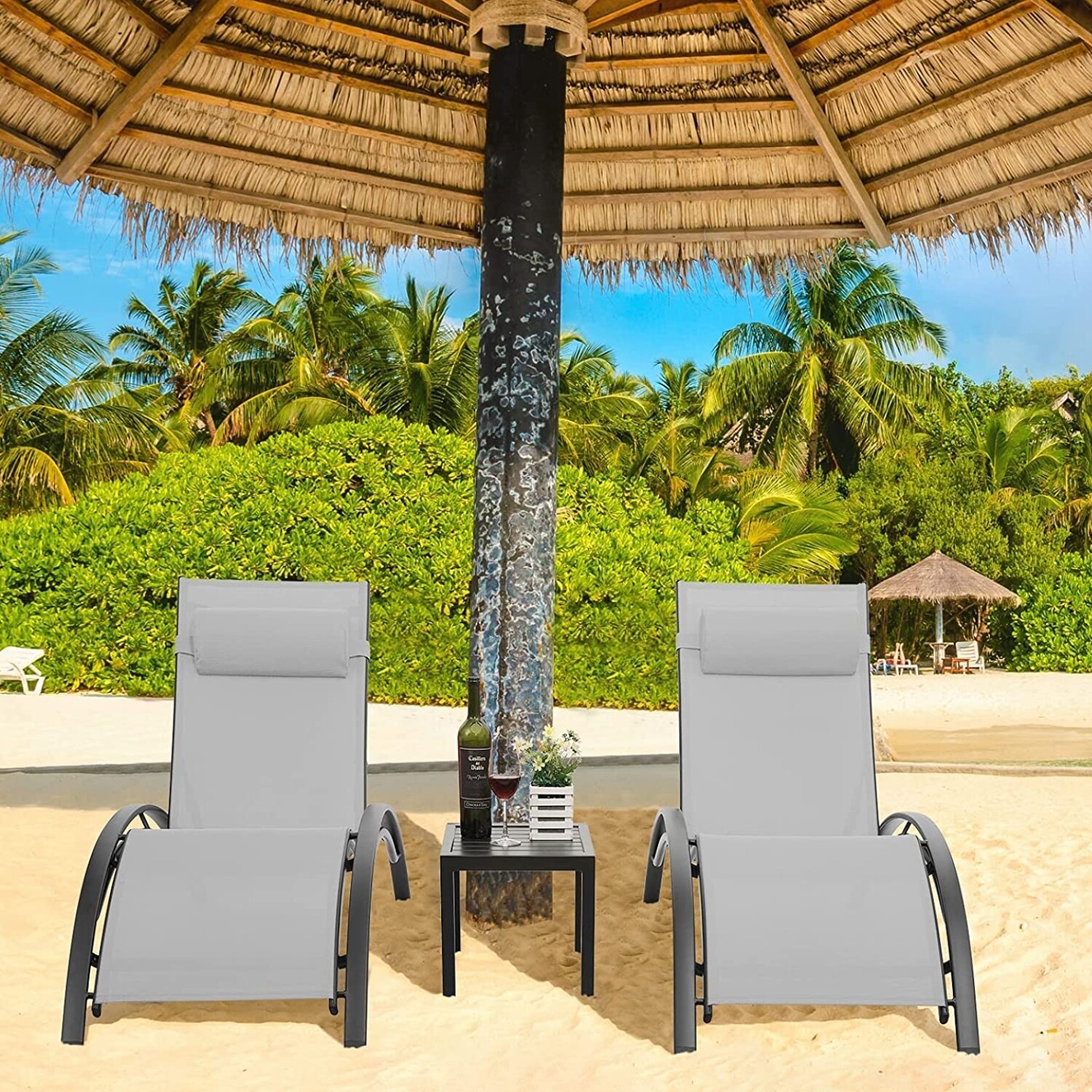 3Pcs Sun Lounger Recliner Set Aluminum Chaise Lounges,Table,Reclining Chair with 5 Adjustable Backrest, Head Cushion,4 Colour