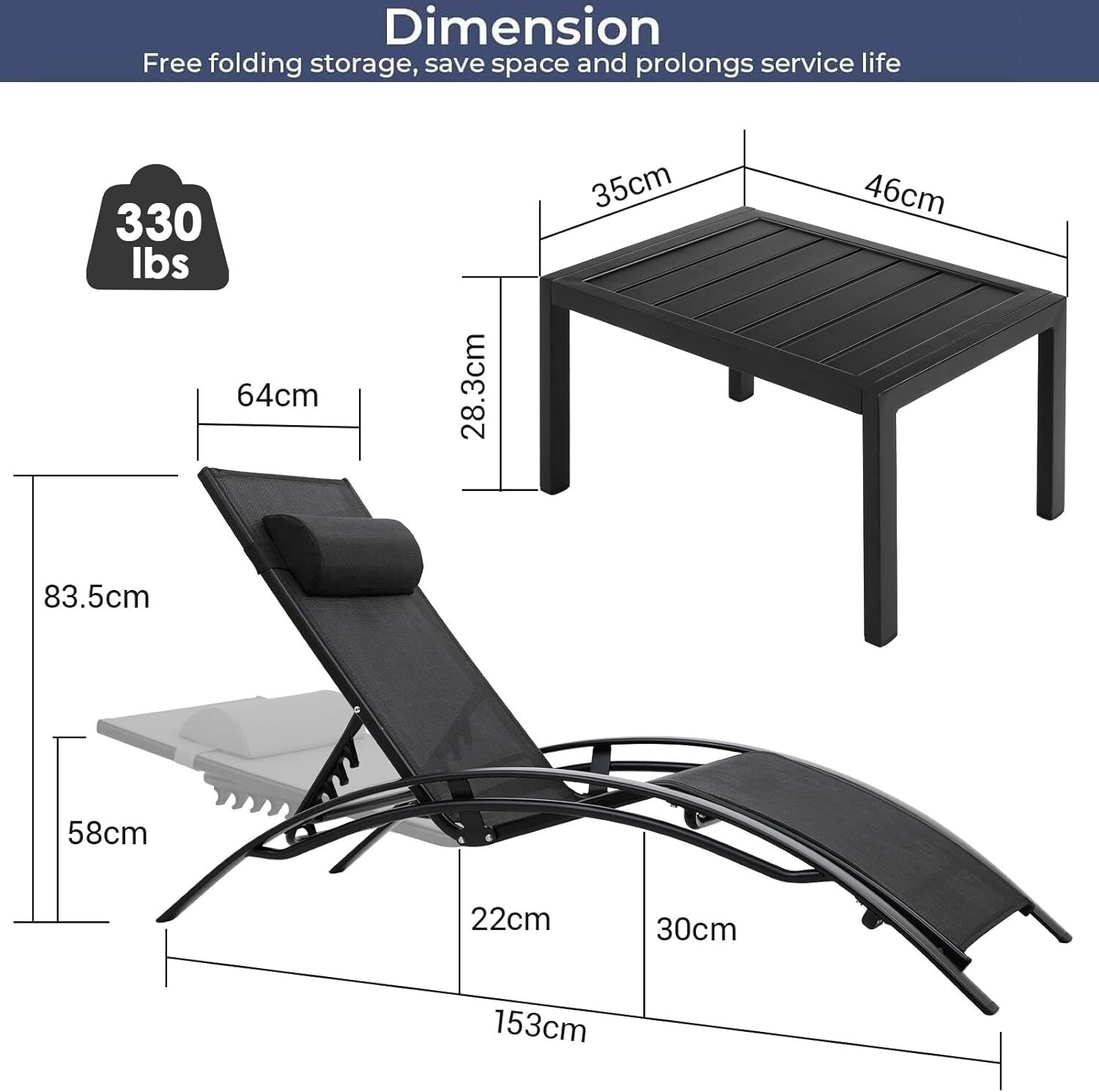 3Pcs Sun Lounger Recliner Set Aluminum Chaise Lounges,Table,Reclining Chair with 5 Adjustable Backrest, Head Cushion,4 Colour