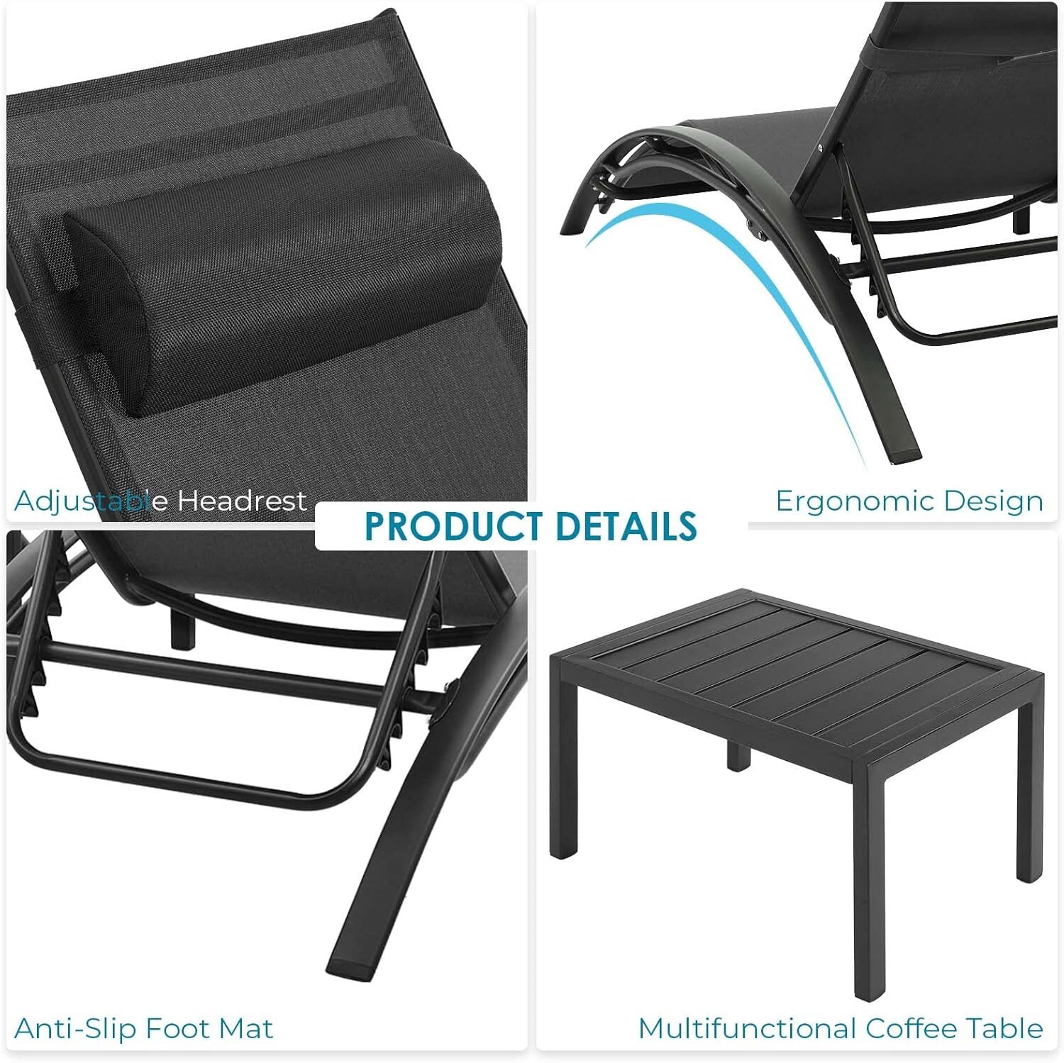 3Pcs Sun Lounger Recliner Set Aluminum Chaise Lounges,Table,Reclining Chair with 5 Adjustable Backrest, Head Cushion,4 Colour