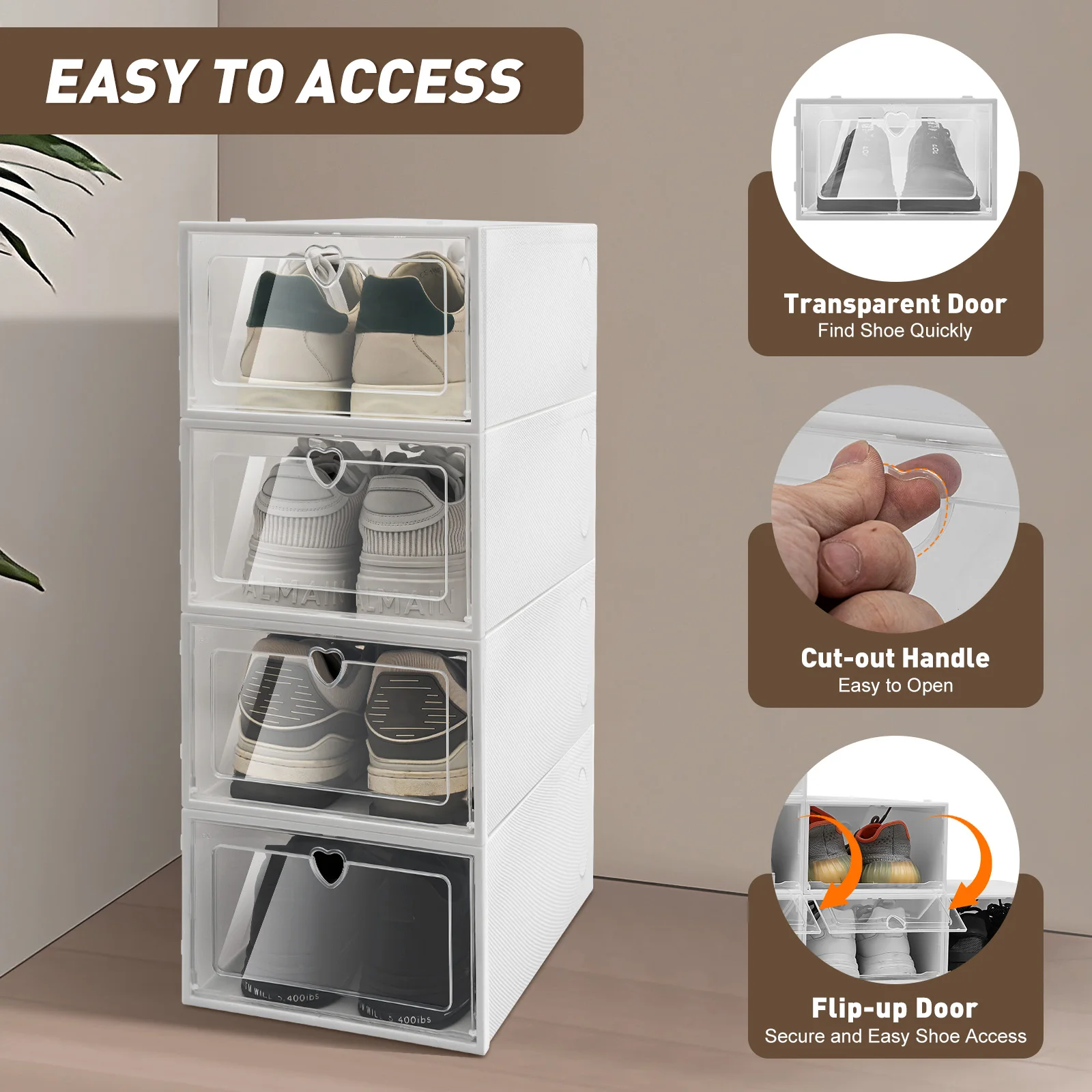 20 Pcs Foldable Shoe Boxes Plastic Shoe Organizers Stackable Shoe Storage Cases Flip-Type Shoe Boxes W/ Clear Lid White Home Sto