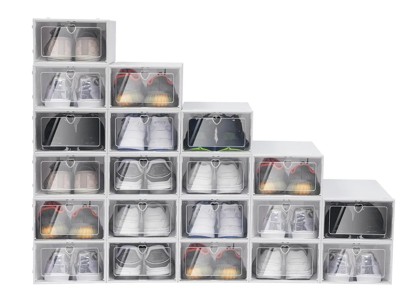 20 Pcs Foldable Shoe Boxes Plastic Shoe Organizers Stackable Shoe Storage Cases Flip-Type Shoe Boxes W/ Clear Lid White Home Sto