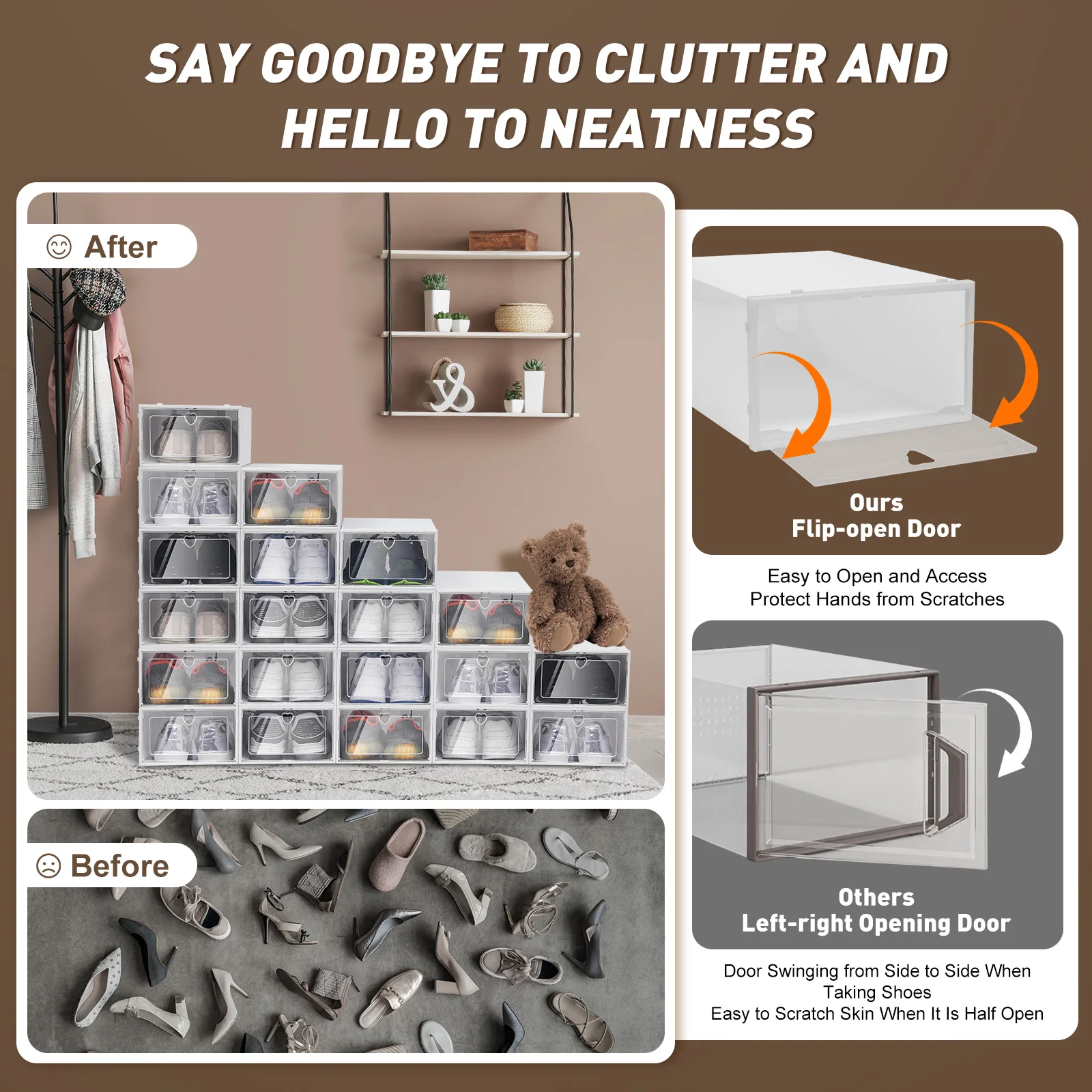 20 Pcs Foldable Shoe Boxes Plastic Shoe Organizers Stackable Shoe Storage Cases Flip-Type Shoe Boxes W/ Clear Lid White Home Sto