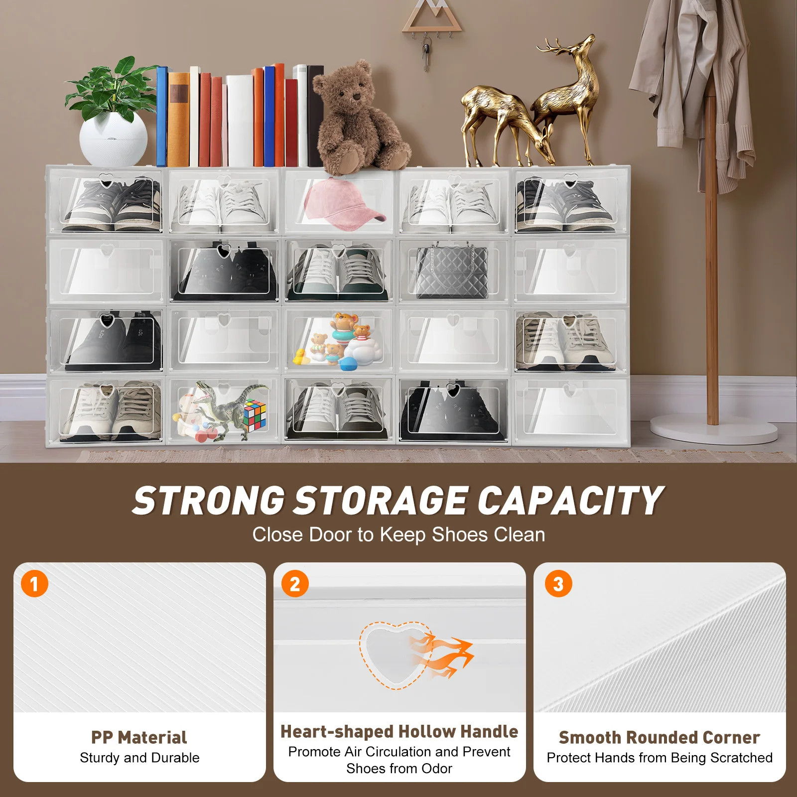 20 Pcs Foldable Shoe Boxes Plastic Shoe Organizers Stackable Shoe Storage Cases Flip-Type Shoe Boxes W/ Clear Lid White Home Sto