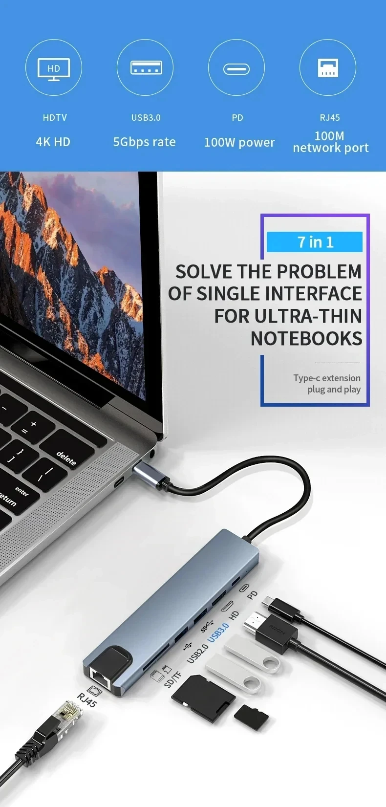 7 in 1 Type C Docking Station with Sd TF Card Reader Ethernet PD Ports USB 3.0 and Ports USB 3.0 2.0 for MacBook Pro Air HP XPS