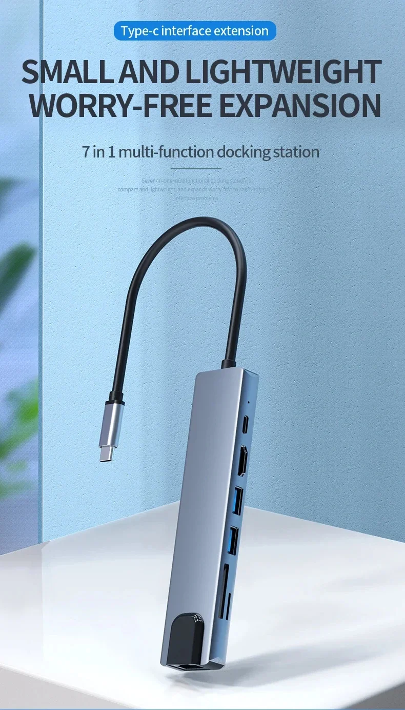 7 in 1 Type C Docking Station with Sd TF Card Reader Ethernet PD Ports USB 3.0 and Ports USB 3.0 2.0 for MacBook Pro Air HP XPS